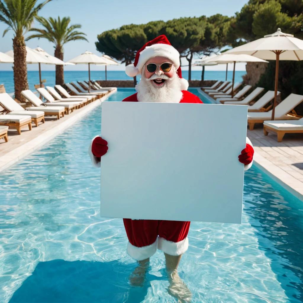 Medium shot captures an image from different angles of a swimming pool in which there are white rectangular signs on the water without any text, all posters are the same, In the center of the pool, a fat, smiling Santa Claus bathing in sunglasses floats in the water., very happy and holding a giant blank sign without text in his hands above his head . All the action takes place under a bright sun on a Mediterranean beach with impressive lighting for a perfect shot. Professional photography, 8k, RAW photo, The best quality, masterpiece, photorealistic, Highly detailed, cinematic lighting, sharp focus, réflex digital, high resolution, photorealistic,