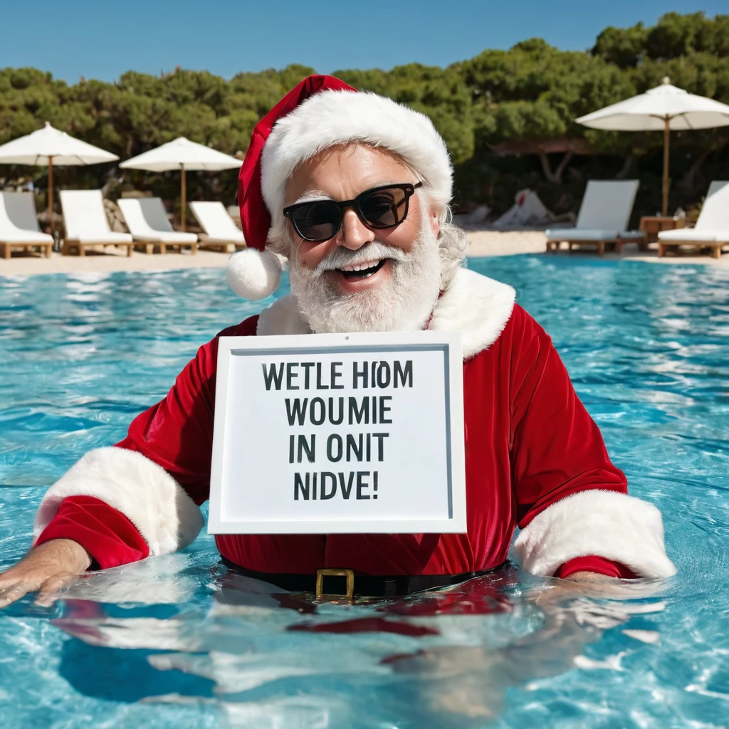 Medium shot captures an image from different angles of a swimming pool in which there are white rectangular signs on the water without any text, all posters are the same, In the center of the pool, a fat, smiling Santa Claus bathing in sunglasses floats in the water., very happy and holding a giant blank sign without text in his hands above his head . All the action takes place under a bright sun on a Mediterranean beach with impressive lighting for a perfect shot. Professional photography, 8k, RAW photo, The best quality, masterpiece, photorealistic, Highly detailed, cinematic lighting, sharp focus, réflex digital, high resolution, photorealistic,