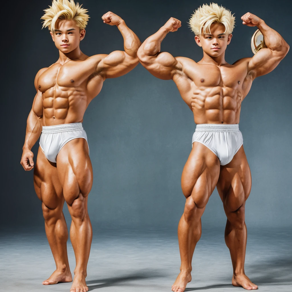 (masterpiece, best quality), Intricate detailing, 8K, artstation, side chest, son Gohan, Bodybuilder, 14 yonde hair, posing bis muscles in underwear, barefoot, muscular legs, big Bizeps, Buff muscle Body,ripped muscle, bodybuilding contest, Mr universe, full body image, barefoot kick