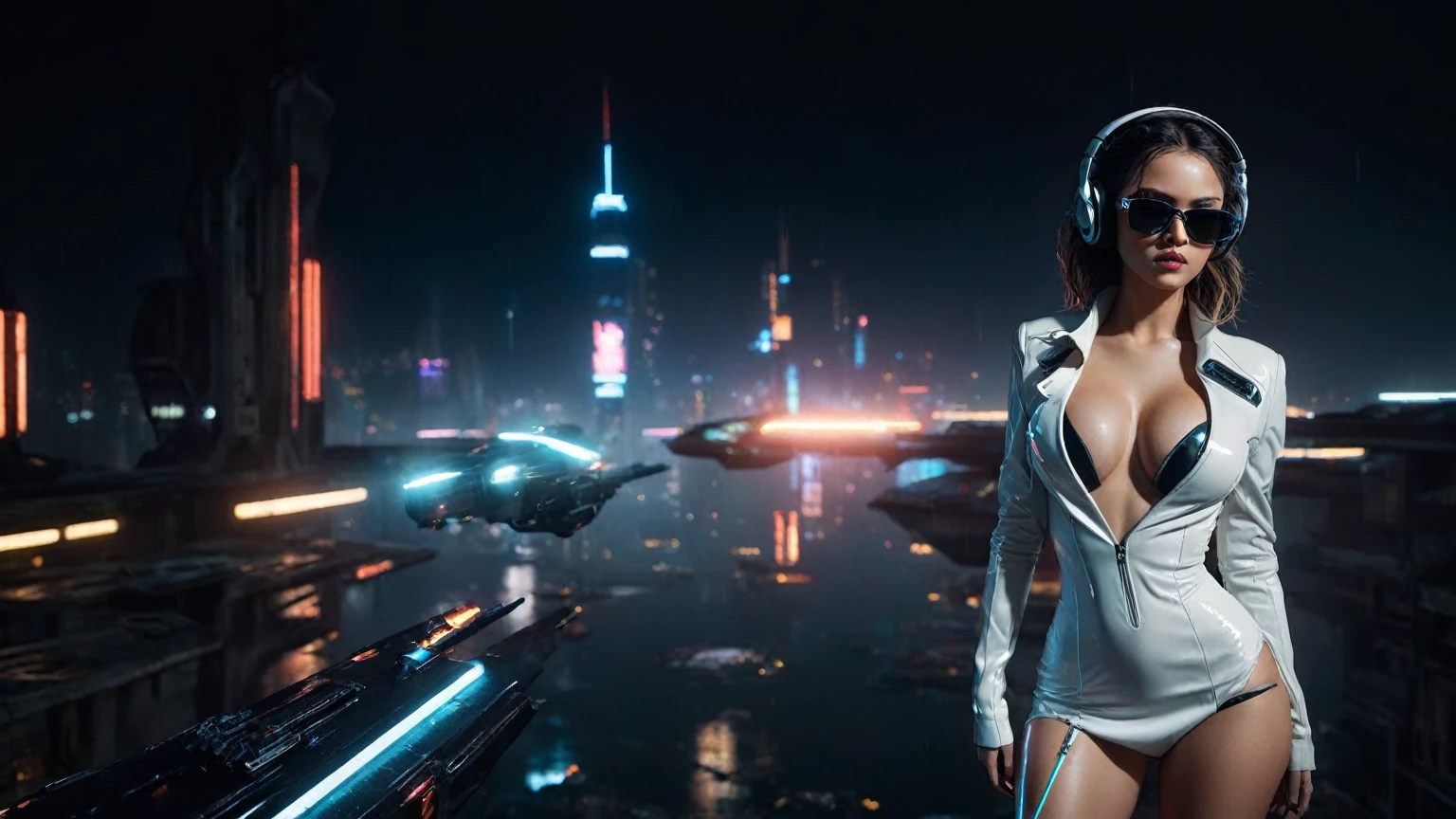(((aerial view))), Blade Runner style futuristic space station platform, neon lights, rainy night. (1girl, solo, alone), large-breast:1.2 slim body, cleavage:1.1, sexy laced lingerie with wet jacket, (black sunglasses), (((she raised a pistol:1.8 and shot the viewer))), dynamic pose, (((half-body thigh level medium shot))), cinematic lighting, lens flare, ray tracing.