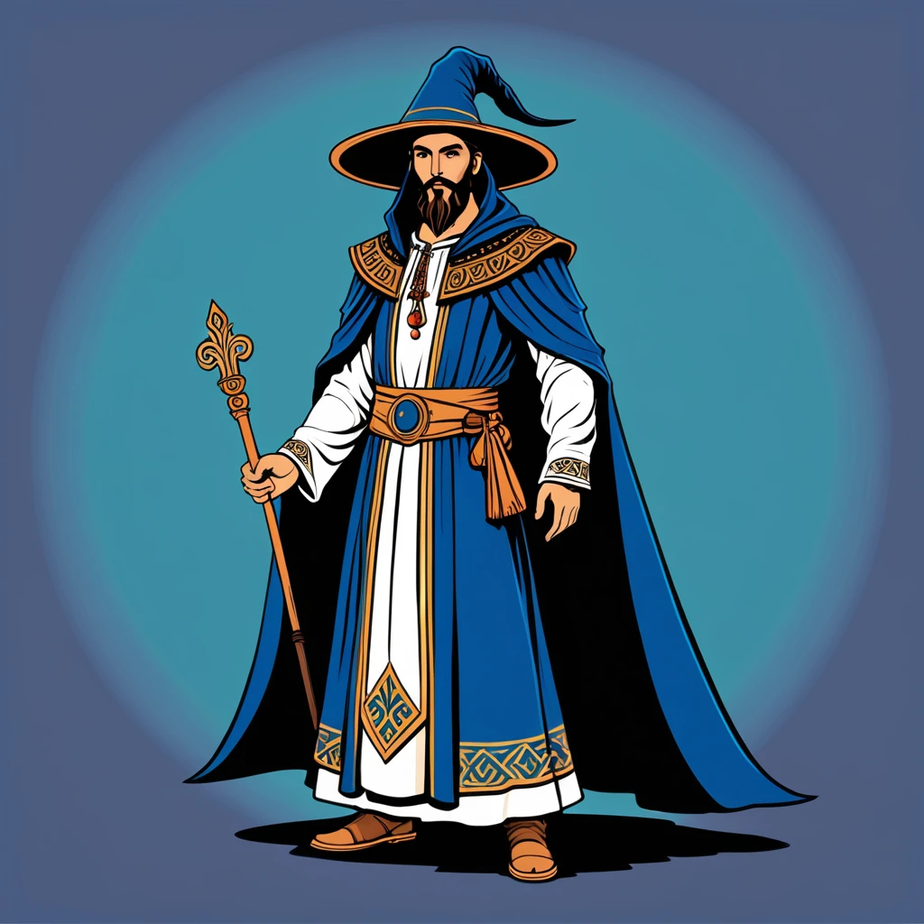 french warlock in greek folk outfit, vector graphics, strong contours
