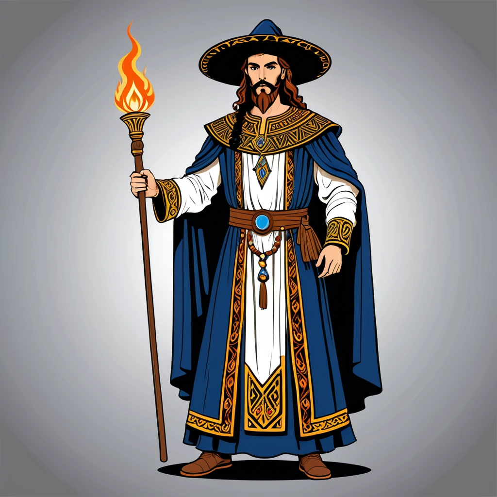 french warlock in greek folk outfit, vector graphics, strong contours