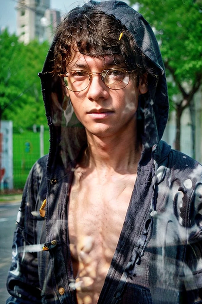 ((cpzrinn)), Photorealistic, (close up: 1.5), (face exposed), (20 year old young man), (walking on the street: 1.2), (wearing a hooded sweater:1.5), (wearing round gold glasses: 1.5), man wearing wet outerwear, heavy rain background, dubnitskiy david fanart, realistic portrait, soft photorealistic, natural light, tones cold colors, bright colors, rainy environment, (hazy and dark atmosphere)