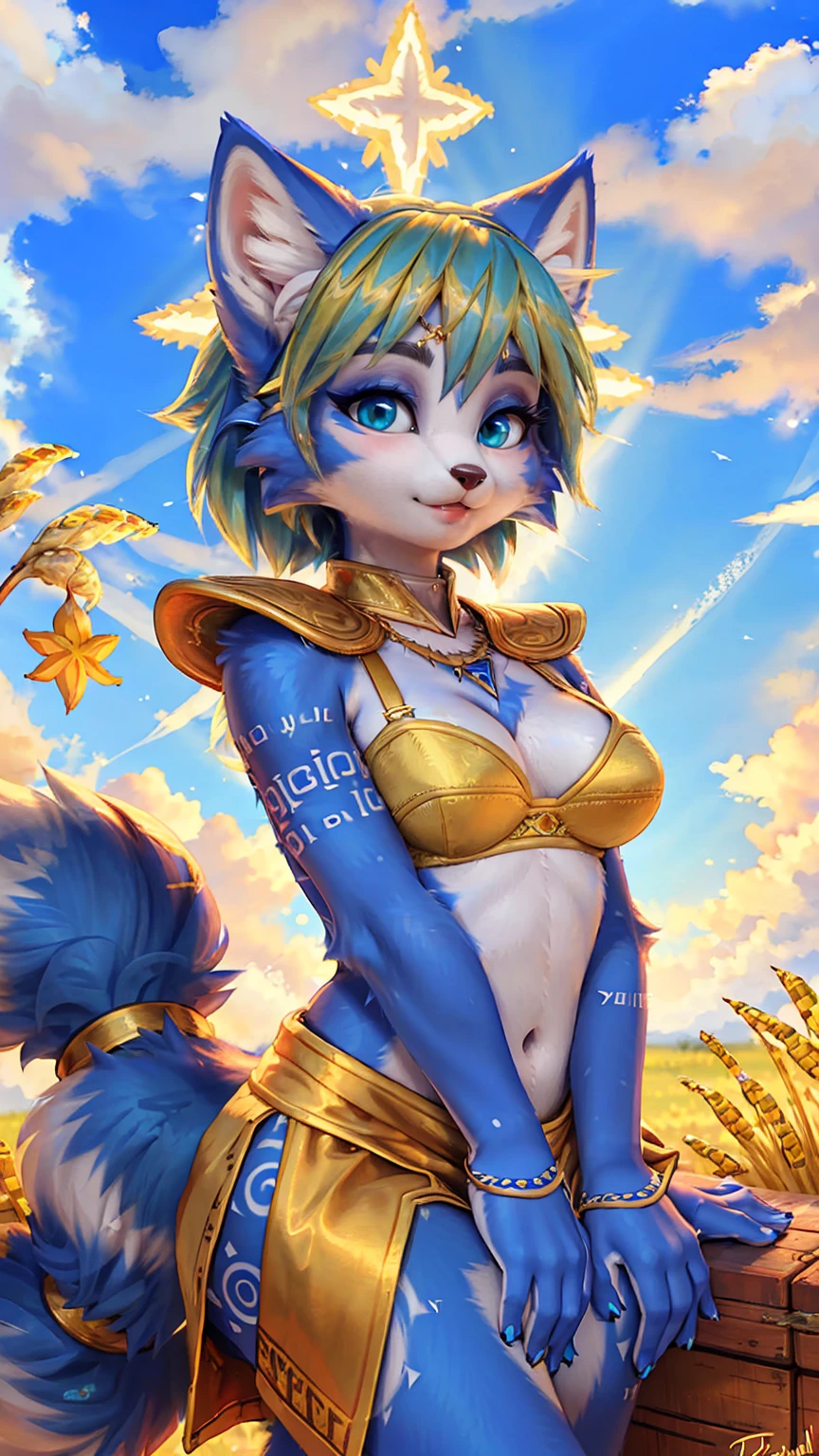 A beautiful and detailed (sweet picture) of ((Krystal)), Star Fox Krystal,  green eyes, medium breasts, (((Long blue hair 1.3))),  anthro, furry, (of Fluff-Kevlar, Bayard Wu, Personalami, Pino Daeni),  detailed fluffy fur, detailed face, (fluffy), 1 girl, alone, Haare bedecken ein Auge:1.4, (((geht über ein Feld mit hohem Gras :1.3))), (((schaut in den himmel:1.4))),