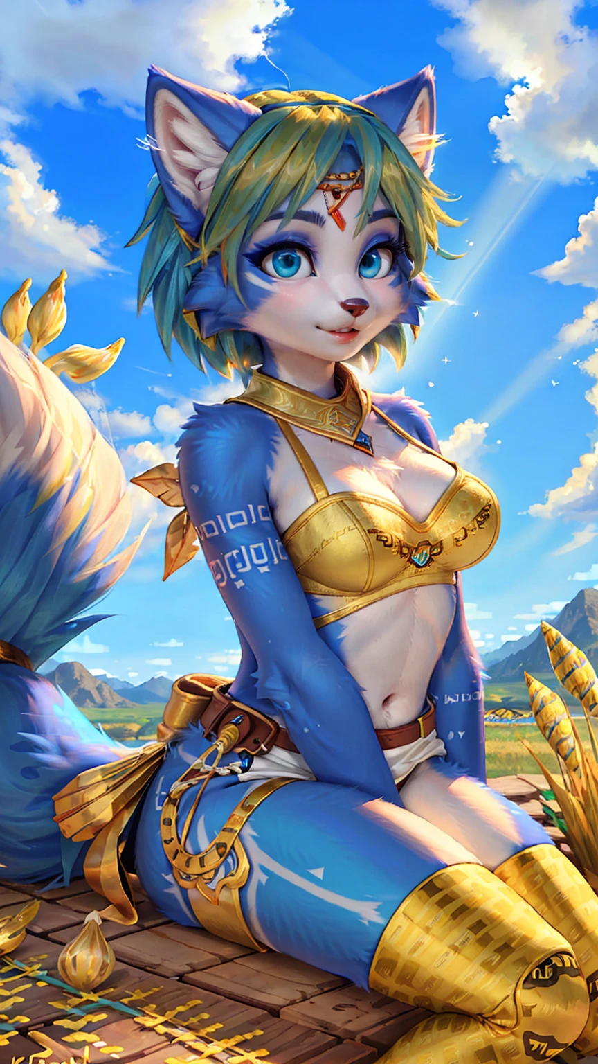 A beautiful and detailed (sweet picture) of ((Krystal)), Star Fox Krystal,  green eyes, medium breasts, (((Long blue hair 1.3))),  anthro, furry, (of Fluff-Kevlar, Bayard Wu, Personalami, Pino Daeni),  detailed fluffy fur, detailed face, (fluffy), 1 girl, alone, Haare bedecken ein Auge:1.4, (((geht über ein Feld mit hohem Gras :1.3))), (((schaut in den himmel:1.4))),