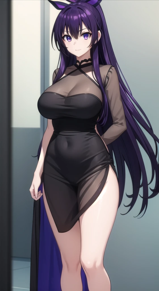 tohkayatogami, tohka yatogami casual, long hair, purple hair, alluringly smile , black mesh dress, maxi dress, sheer black ,long sleeve, black colour (purple eyes:1.1), hair ribbon, ponytail, purple hair, white ribbon, E cup breasts, bewitched thighs, slender waist, plump butt , high heels
BREAK ,
BREAK daylight ,alone,
BREAK looking at viewer, standing, beauty poses
BREAK (masterpiece:1.2), best quality, high resolution, unity 8k wallpaper, (illustration:0.8), (beautiful detailed eyes:1.6), extremely detailed face, perfect lighting, extremely detailed CG, (perfect hands, perfect anatomy),