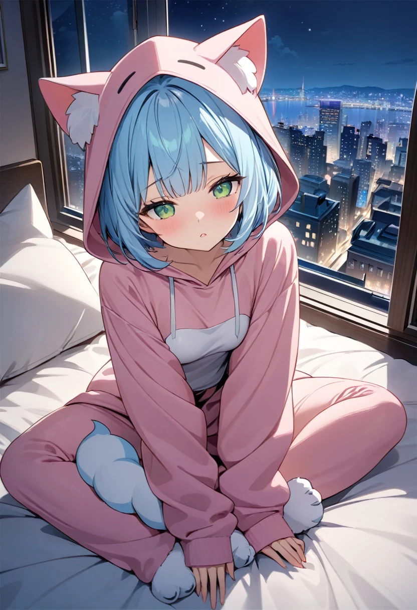 Highest quality、Light blue hair、Short Bob、Deep green eyes、Small breasts、pink cat ear hood,hood up,25 years old,paw pos,sleepy,Bedroom at night、The night view of the city outside the window,