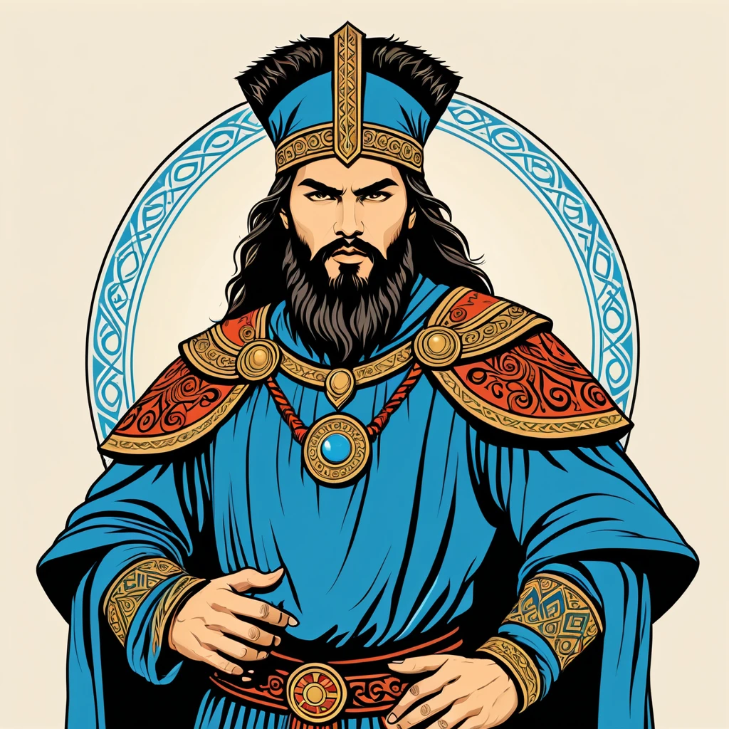mongol warlock in greek folk outfit, vector graphics, strong contours
