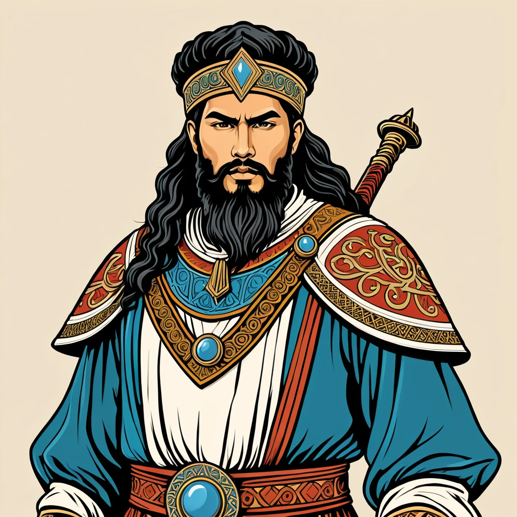 mongol warlock in greek folk outfit, vector graphics, strong contours
