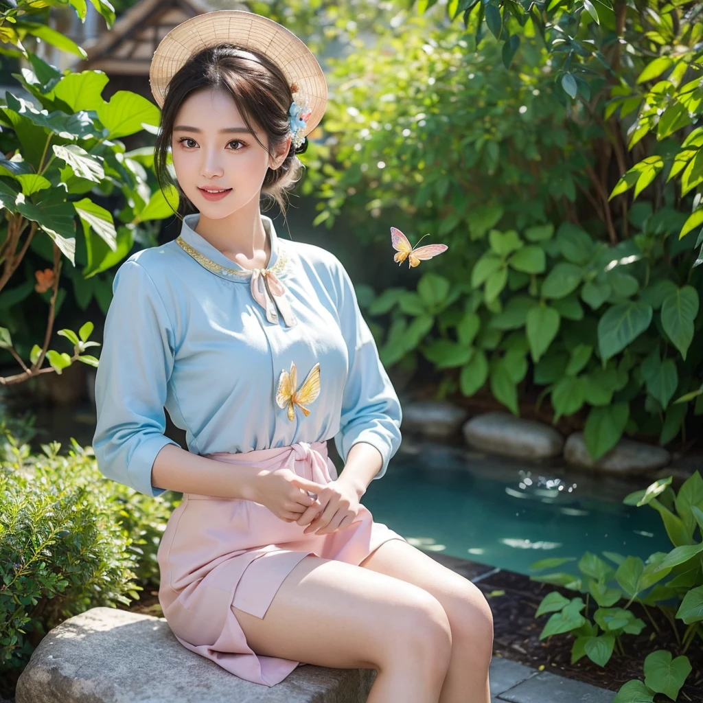 masterpiece, super beautiful detailed face, super detailed beautiful white teeth and big eyes of an extremely beautiful woman, wearing a traditional pale pink and blue Ba Ba shirt and a small gold butterfly brooch With her hair tied up in a bun, the girl is holding a traditional Vietnamese conical hat in one hand, sitting on a stone bench in a beautiful small garden in front of an ancient cottage, next to an aquarium with water waves reflecting the iridescent sunlight and air. fresh, chirping birds, shimmering sunlight, stunning beautiful woman with captivating smile, beautiful classical art, beautiful art style of Mark Brooks, beautiful artwork by Glen Angus, UHD, 48K