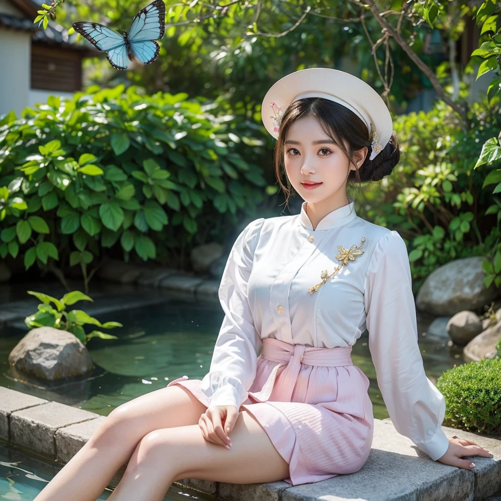 masterpiece, super beautiful detailed face, super detailed beautiful white teeth and big eyes of an extremely beautiful woman, wearing a traditional pale pink and blue Ba Ba shirt and a small gold butterfly brooch With her hair tied up in a bun, the girl is holding a traditional Vietnamese conical hat in one hand, sitting on a stone bench in a beautiful small garden in front of an ancient cottage, next to an aquarium with water waves reflecting the iridescent sunlight and air. fresh, chirping birds, shimmering sunlight, stunning beautiful woman with captivating smile, beautiful classical art, beautiful art style of Mark Brooks, beautiful artwork by Glen Angus, UHD, 48K