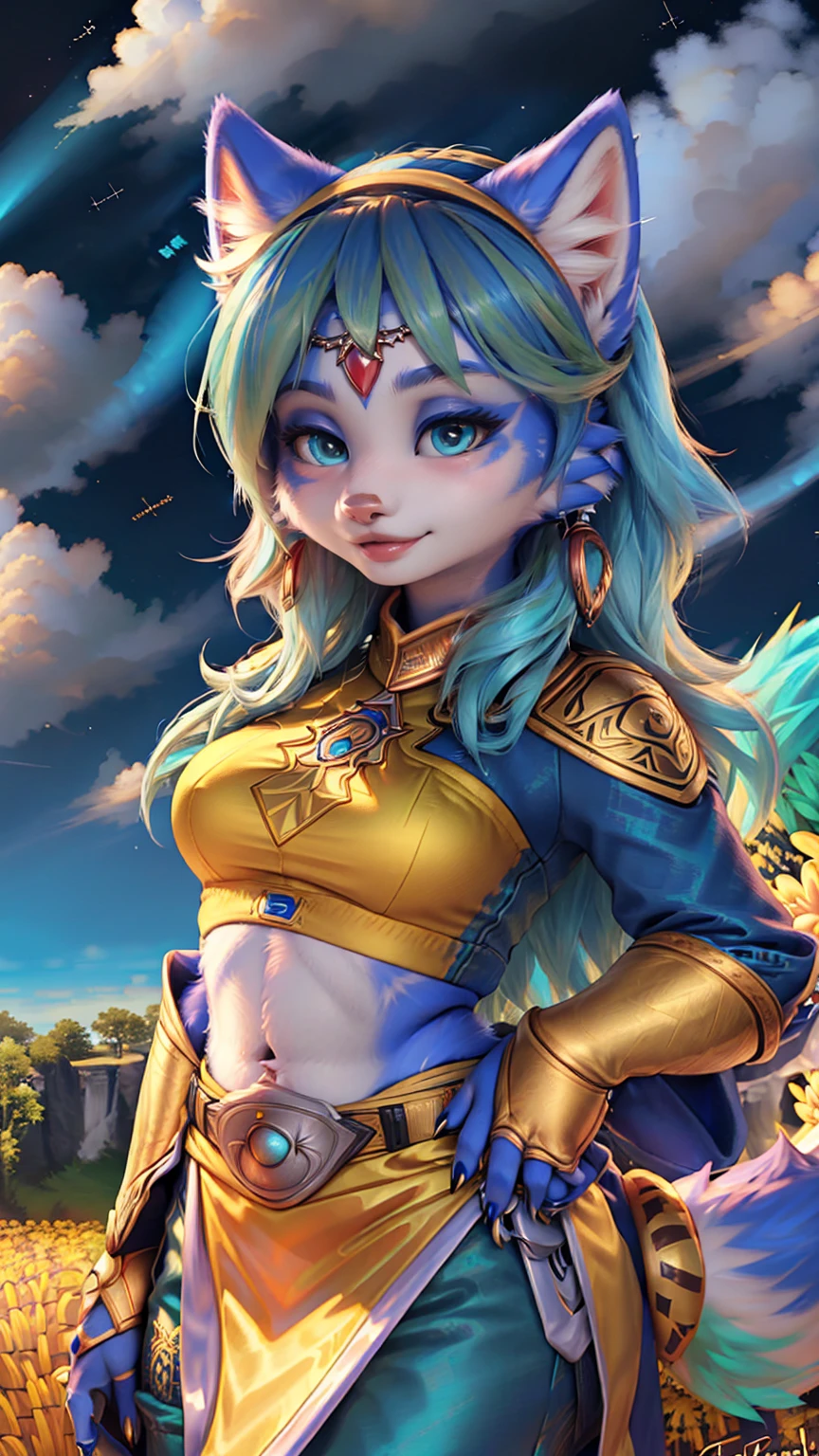 A beautiful and detailed (sweet picture) of ((Krystal)), Star Fox Krystal, green eyes, medium breasts, (((Long blue hair 1.3))), anthro, furry, (of Fluff-Kevlar, Bayard Wu, Personalami, Pino Daeni), detailed fluffy fur, detailed face, (fluffy), 1 girl, alone, Haare bedecken ein Auge:1.4, (((geht über ein Feld mit hohem Gras :1.3))), (((schaut in den himmel:1.4))),