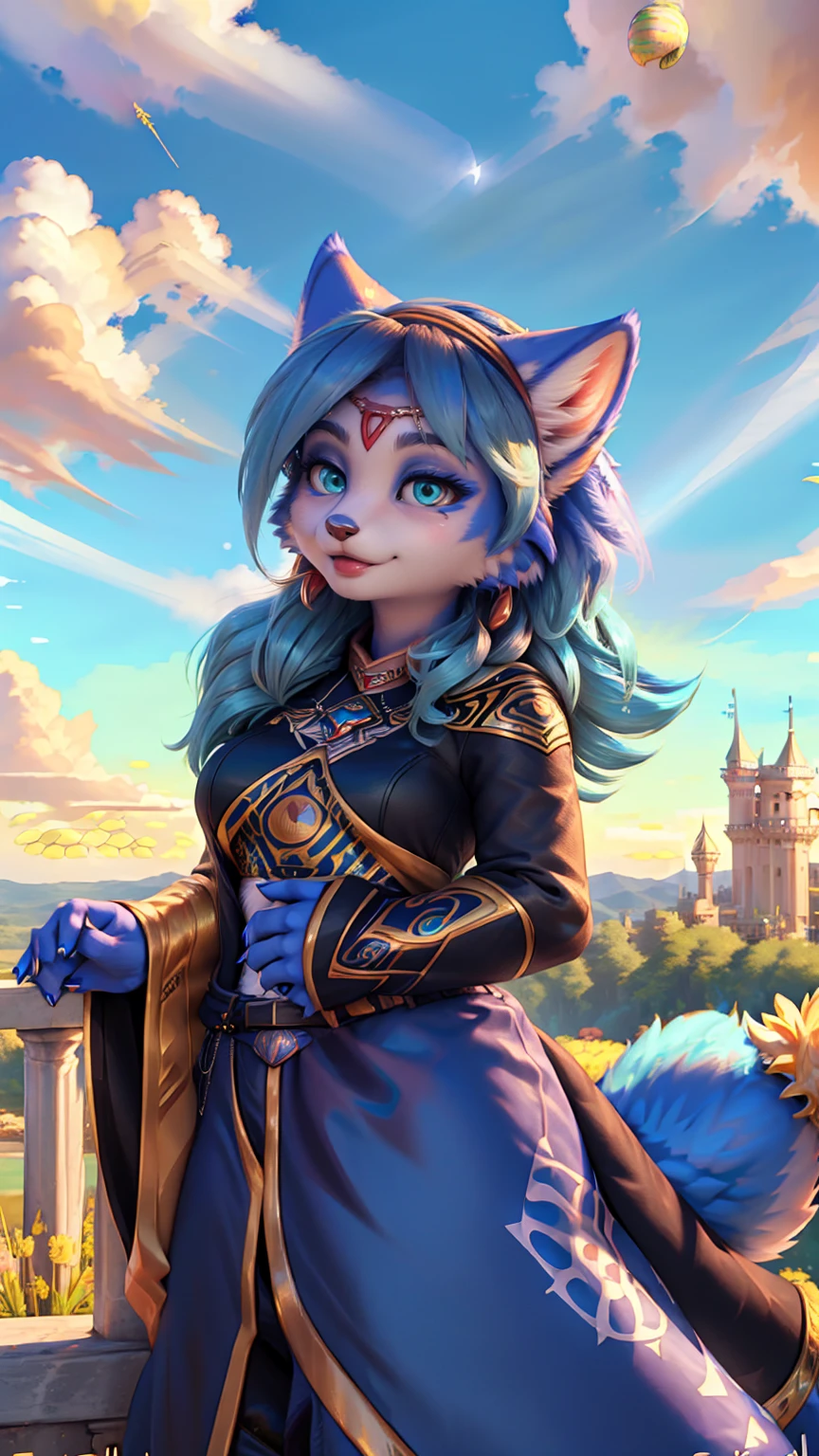 A beautiful and detailed (sweet picture) of ((Krystal)), Star Fox Krystal,  green eyes, medium breasts, (((Long blue hair 1.3))),  anthro, furry, (of Fluff-Kevlar, Bayard Wu, Personalami, Pino Daeni),  detailed fluffy fur, detailed face, (fluffy), 1 girl, alone, Haare bedecken ein Auge:1.4, (((geht über ein Feld mit hohem Gras :1.3))), (((schaut in den himmel:1.4))),