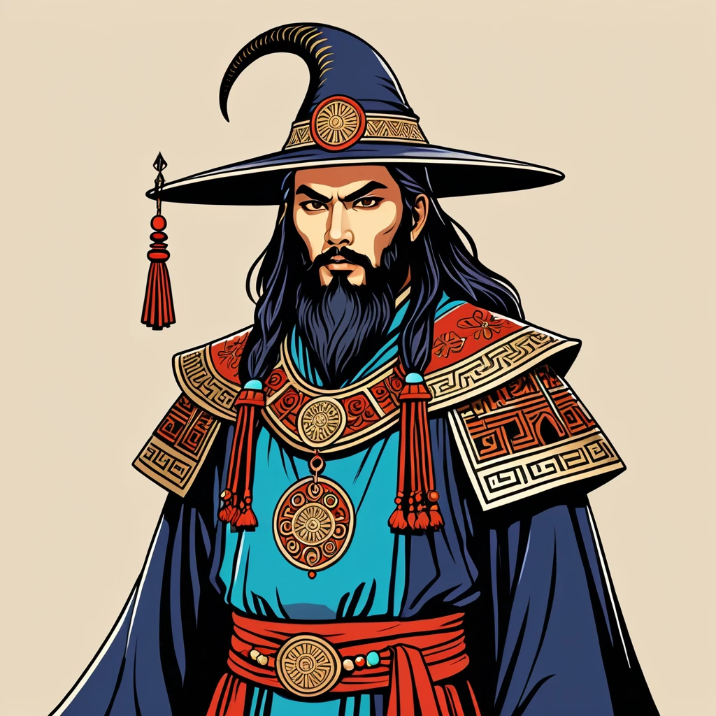 japanese warlock in greek folk outfit, vector graphics, strong contours
