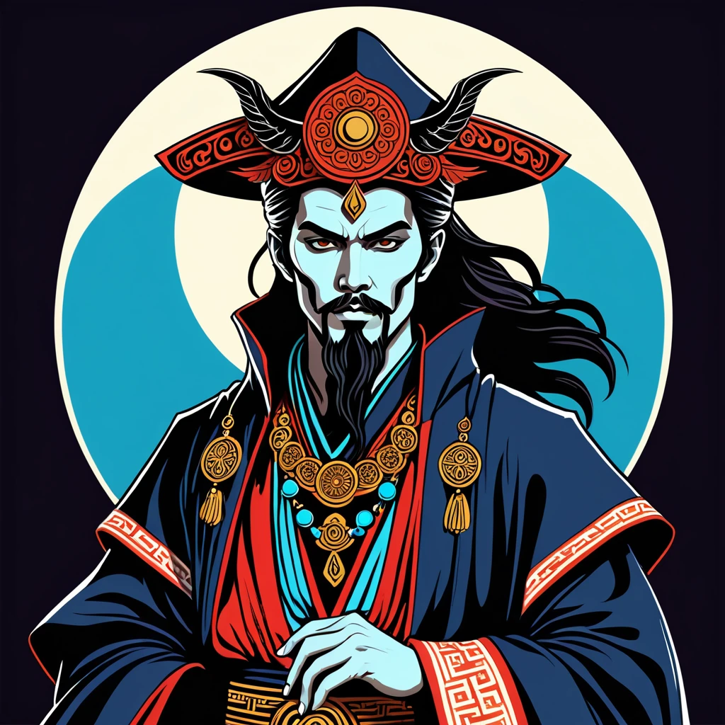 japanese warlock in greek folk outfit, vector graphics, strong contours