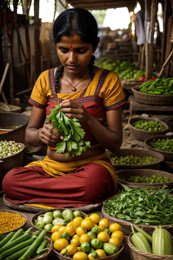 India A poor woman making pictures of God from vegetables.