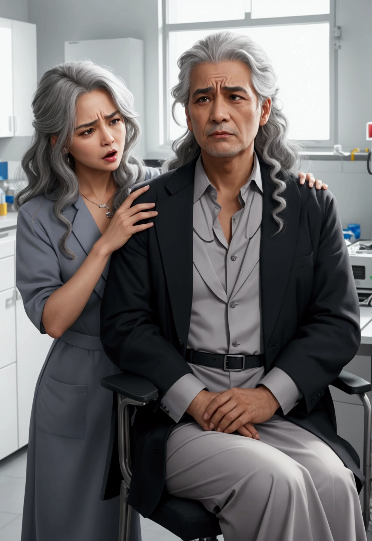 A beautiful youthful looking her hair graying but still very sexy gray haired
Filipino woman
wearing a dress now a prisoner of a evil scientist the male evil scientist her hair graying her long hair now graying she has a curly hair hairstyles hairstyle and she is aging because the male evil scientist standing next to her is given her a injection that is aging her up she looks like she is in pain and she screaming in pain and she is in a lab tied up to a chair