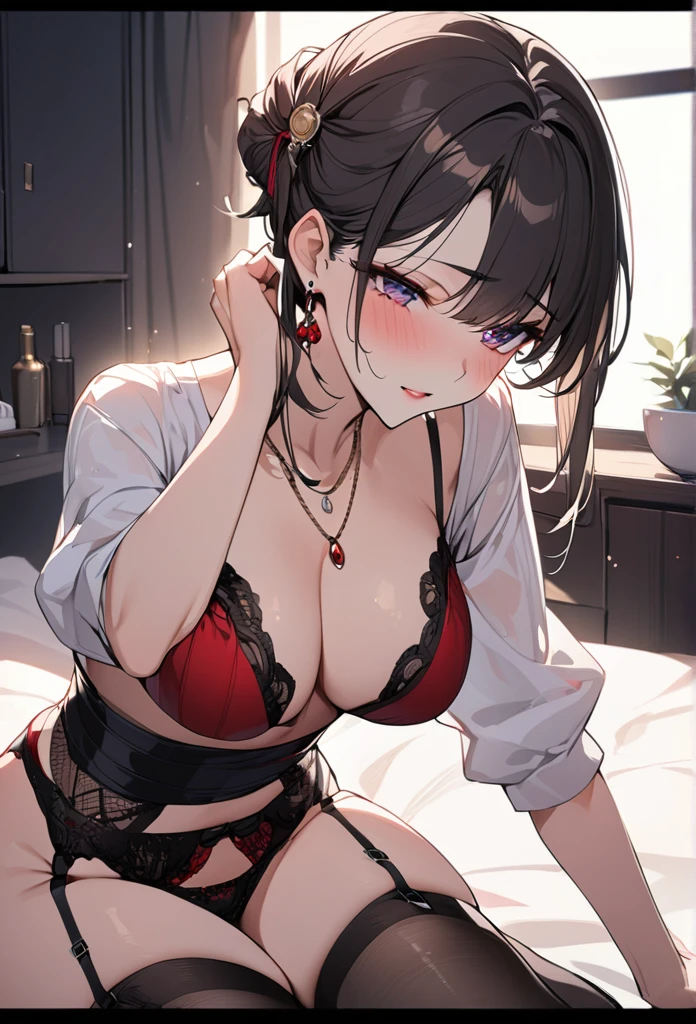 top-quality、​masterpiece、1girl in、in one's underwear only、Cute lingerie、all-fours、to close range、proximity、red blush、Staring at this、Thinly open mouth、