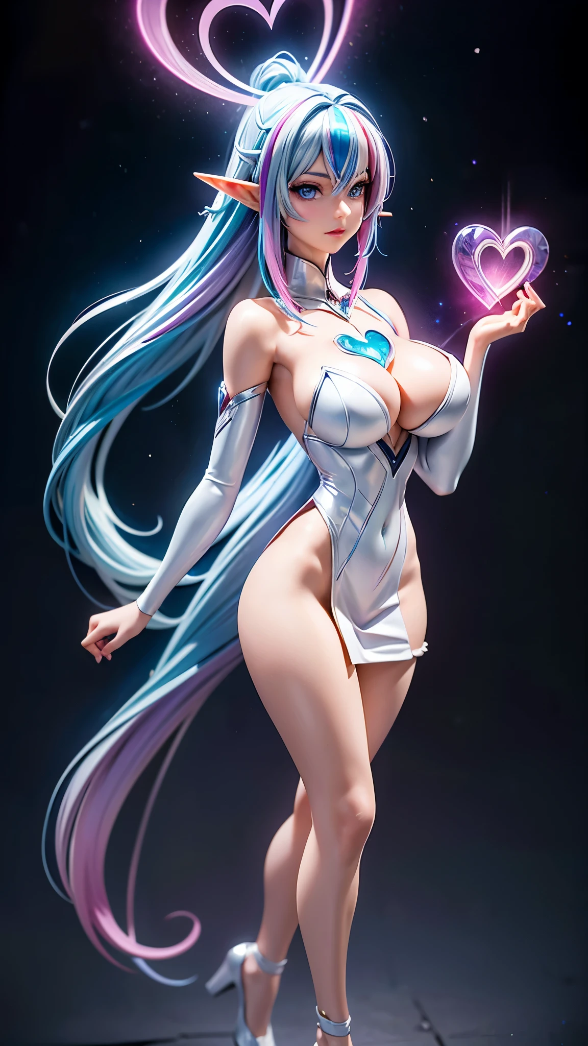 1 elf girl, (beautiful elf lady), elf magician, love and magic, one person solo, (Silver blue hair streaked pink purple:1.4), (Gradient sky blue hair ends:1.5), hair strand, absurdly long wavy hair, single sidelock, shiny hair, floating hair, (glowing symphony purple eyes), high-detailed and delicate eyes, colourful eyes makeup, red lips, ultra detailed facial, upturned pointy elf ears, porcelain skin, warm tone skin, whole body, extreme detailed, break, White extra long dress, Technical clothing masterpiece, several heart and Colored particle swirl around the body, (large complex multiple colours magic circle and heart totem upright floating on the back of the head:1.3), break, In the city, walking on the street, looking at the starry night sky, star night, meteor, cloud, heart, detailed background, complex background, ( _give heart:1.2), break, Full body, shallow depth of field, realism, chiaroscuro, sparkle, ray tracing, Volumetric lighting, Edge lighting, studio lighting, cinematic lighting, cyberpunk future Godism art, cyberpunk anime, award winner illustration, イーブイの絵, atmospheric perspective, best quality, 8K quality, HDR, UHD, 8K, super detail, masterpiece, highres, curate, retina, perfect CG, CG unity, complex, bloom, physically-based render, Octane Render, 3D Render, (realistic, photorealistic, photo-realistic:1.37), ultra-fine painting, sharp focus,