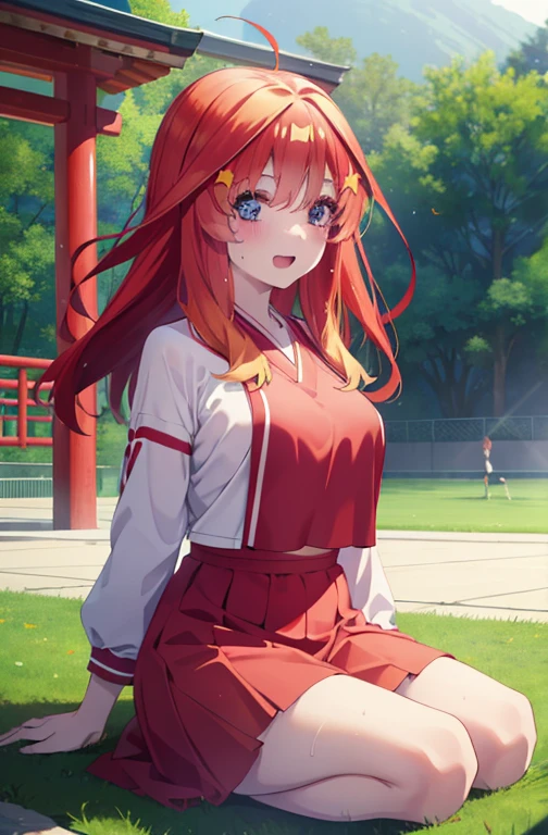 itsukinakano, Itsuki Nakano, bangs, blue eyes, hair between eyes, Ahoge, Redhead, star \(symbol\), happy smile, smile, Open your mouth,hair ornaments, star hair ornaments,(cheer leading), (whole body), Big Breasts, Lower, (Sweaty), Sweaty Wet Clothes (Red clothes), No sleeve,Belly button support, playground, (Jump), (Jump), 足を曲げてJumpする, air, blue sky, Grass原, smileのチアリーダー, Pom-pom \(cheer leading\), Grass, whole bodyがイラストに入るように, break outdoors, Stadium, break looking at viewer, whole body, break (masterpiece:1.2), Highest quality, High resolution, unity 8k wallpaper, (shape:0.8), (Fine and beautiful eyes:1.6), Highly detailed face, Perfect lighting, Highly detailed CG, (Perfect hands, Perfect Anatomy), ,Best quality at best,tmasterpiece,16k,A woman in her 40s sits dignifiedly,Women pay attention to beautiful red Chinese style clothes,natta,rays of moonlight,asian architecture interior, HanFu,full body,bra part is wet,breast leaking milk,