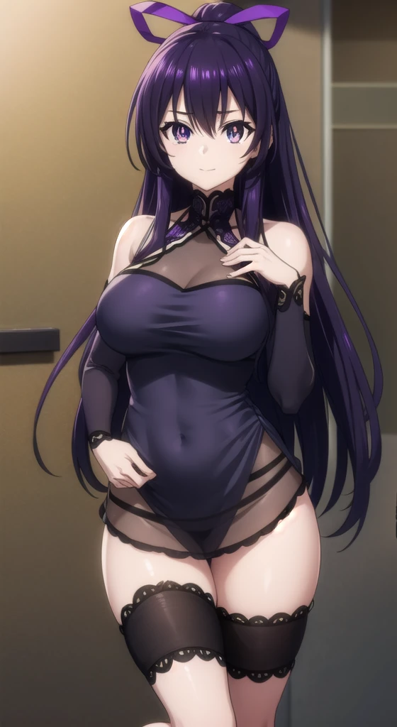 tohkayatogami, tohka yatogami casual, long hair, purple hair, alluringly smile , black mesh dress, maxi dress, sheer black ,long sleeve, black colour (purple eyes:1.1), hair ribbon, ponytail, purple hair, white ribbon, E cup breasts, bewitched thighs, slender waist, plump butt , high heels 
BREAK ,
BREAK daylight ,alone, 
BREAK looking at viewer, standing, beauty poses 
BREAK (masterpiece:1.2), best quality, high resolution, unity 8k wallpaper, (illustration:0.8), (beautiful detailed eyes:1.6), extremely detailed face, perfect lighting, extremely detailed CG, (perfect hands, perfect anatomy),