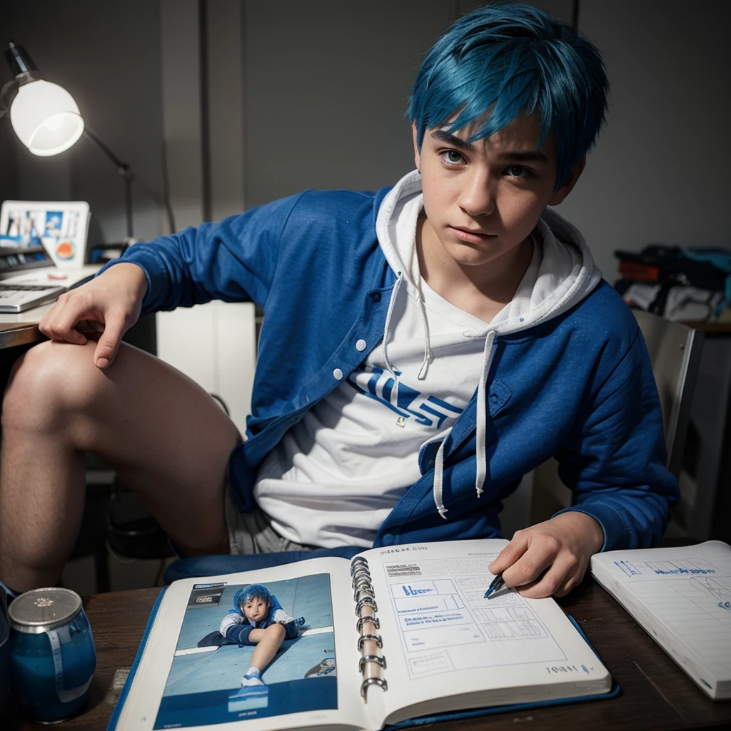 A 16 year old boy with blue hair and a white hoodie and his name is Mike and is sitting in a dark studio looking forward and there's a sketchbook and a pen on the desk and is in a dark place .   