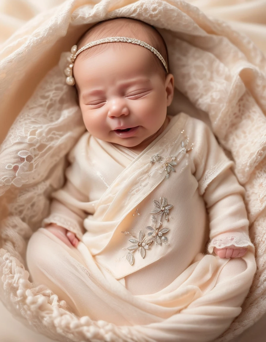 best quality，Super fine，high-rise，masterpiece：1.2，fidelity：1.37，（Newborn baby is crying），Newborn baby crying，Cute little baby，Newborn details，soft light，Warm tones，Dull background，Carefully drawn baby&#39;s little fingers and toes，Charming eyes and chubby cheeks，soft and fine skin，Newborn baby clothes details，