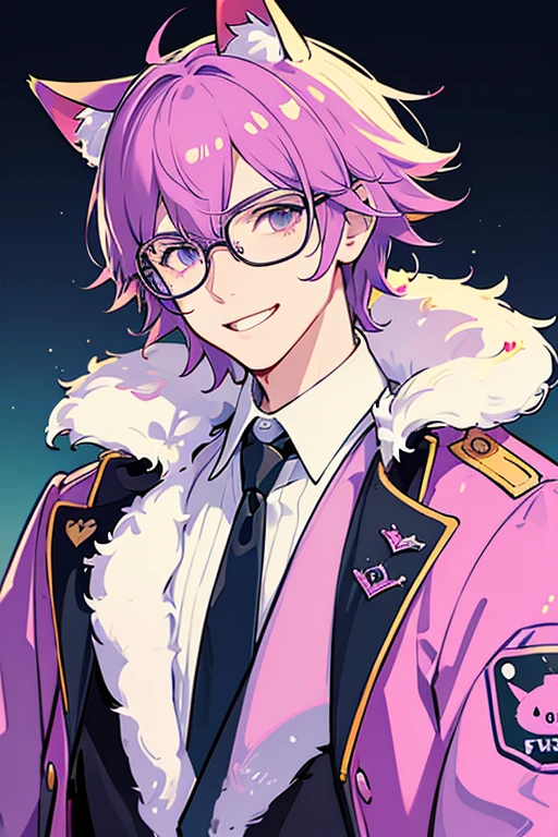 a male cat mascot character,old man appearance,stylish italian jacket,white pink purple colors,wearing glasses,small mouth,grinning,detailed portrait,photorealistic,studio lighting,extremely detailed,high resolution,sharp focus,vibrant colors,professional digital art