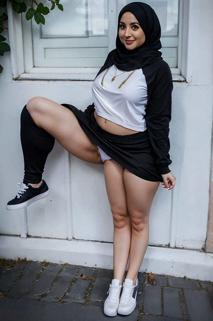 trileg, beautiful woman with three curvy legs, black crop with skirt, casual white sneakers, age 29, Irish, hijab, two headed