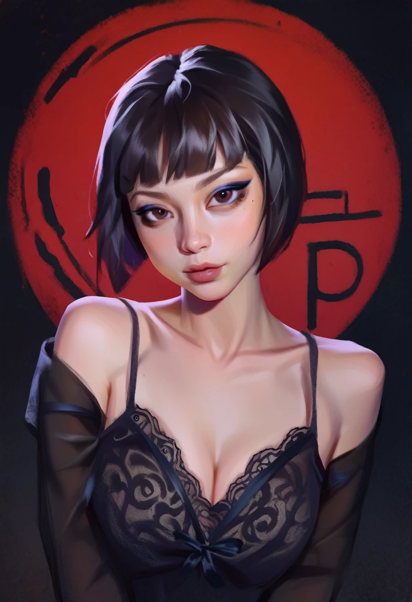smudgy, traditional art, liu2, brush texture, score_9, score_8_up, score_7_up, score_6_up, score_5_up, score_4_up, BREAK 1girl, extreme short hair, black silk nightgown, dark Brown eyes, , (eyeliner:1.2), looking at viewer,  hime-cut, detailed background, (masterpiece, high quality:1),

