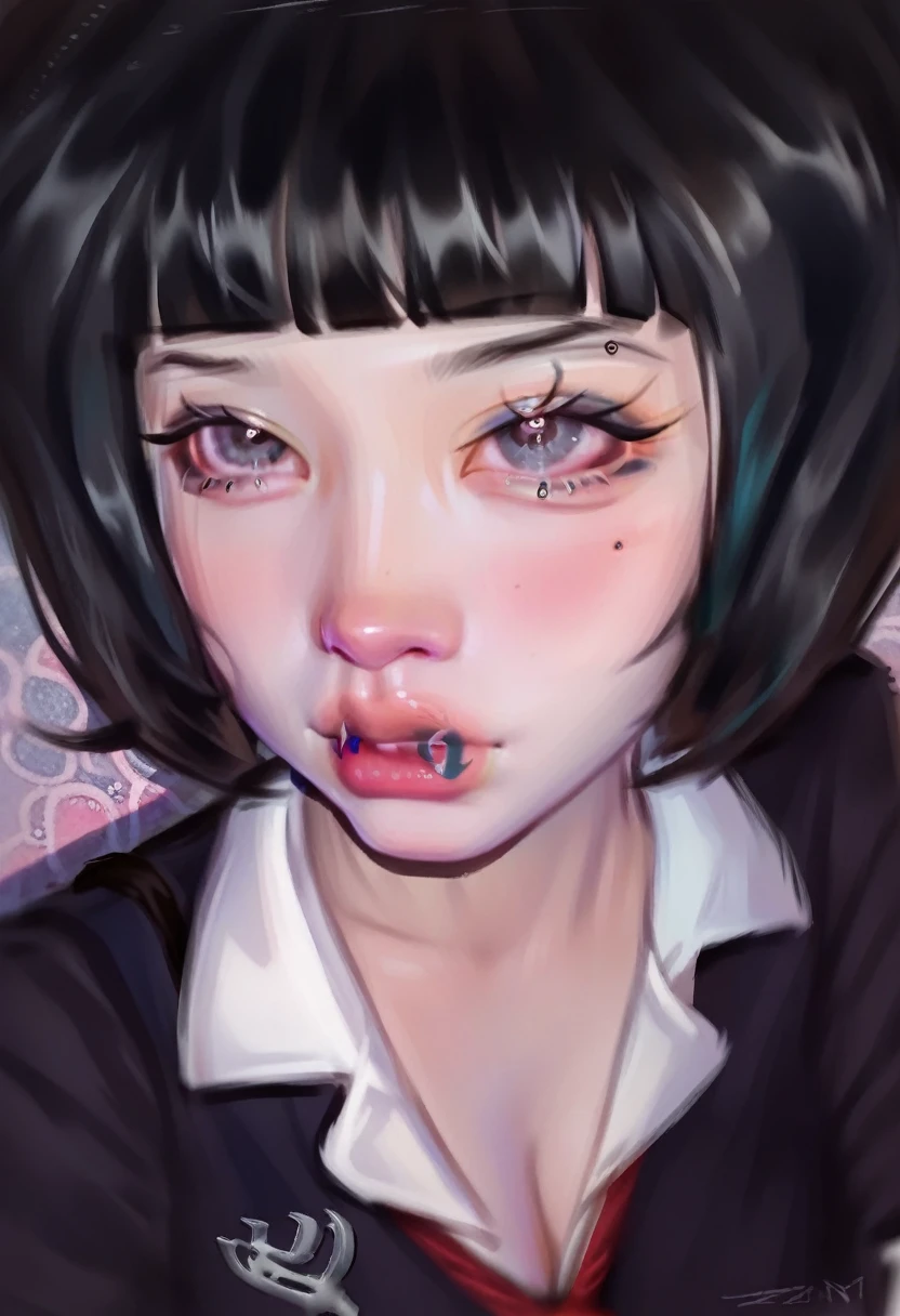 smudgy, traditional art, liu2, brush texture, score_9, score_8_up, score_7_up, score_6_up, score_5_up, score_4_up, BREAK 1girl, intricate, school outfit , (eyeliner:1.2), looking at viewer, black hair, hime-cut, pale skin, jewelry, detailed background, breasts (masterpiece, high quality:1),