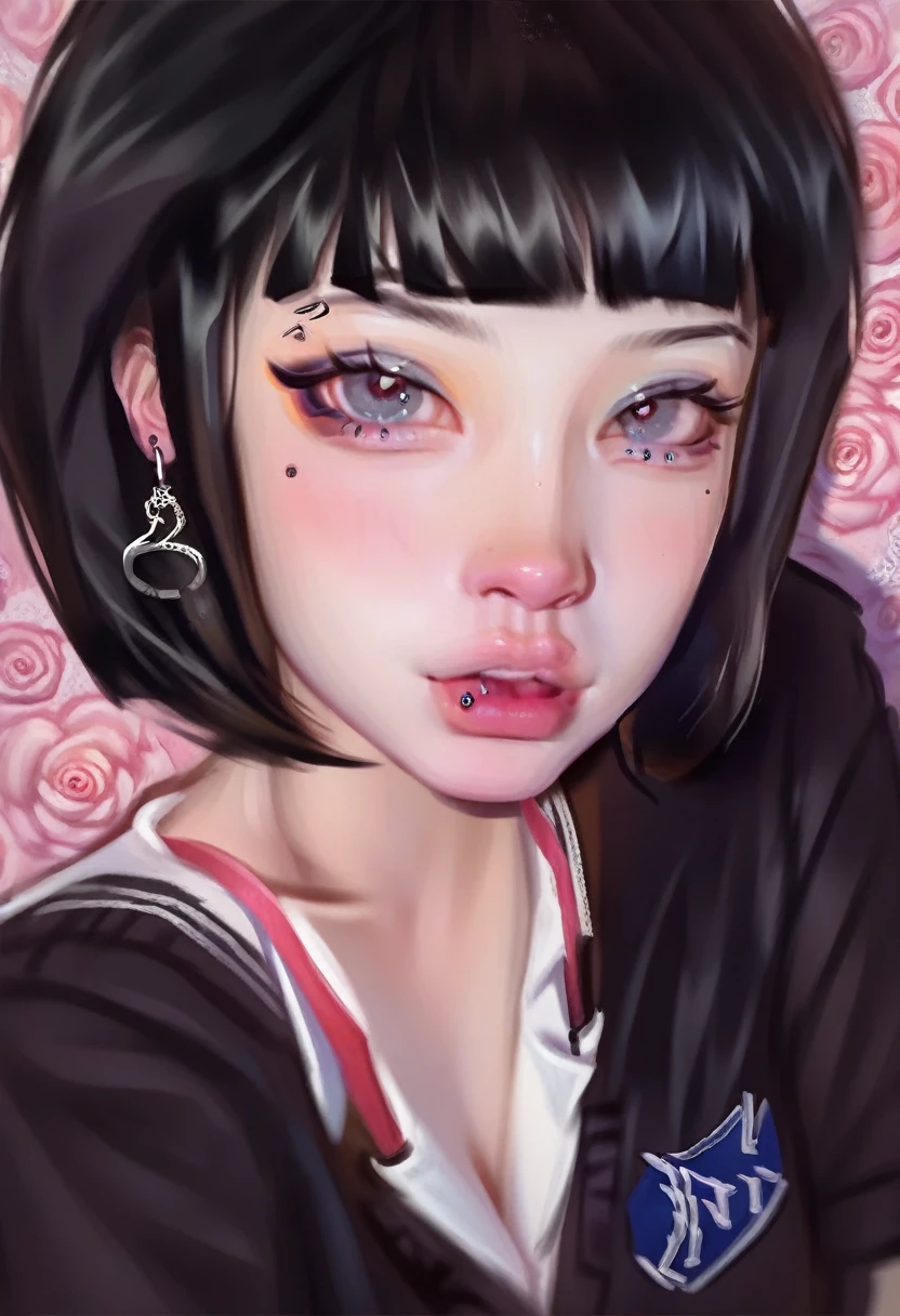 smudgy, traditional art, liu2, brush texture, score_9, score_8_up, score_7_up, score_6_up, score_5_up, score_4_up, BREAK 1girl, intricate, school outfit , (eyeliner:1.2), looking at viewer, black hair, hime-cut, pale skin, jewelry, detailed background, breasts (masterpiece, high quality:1),
