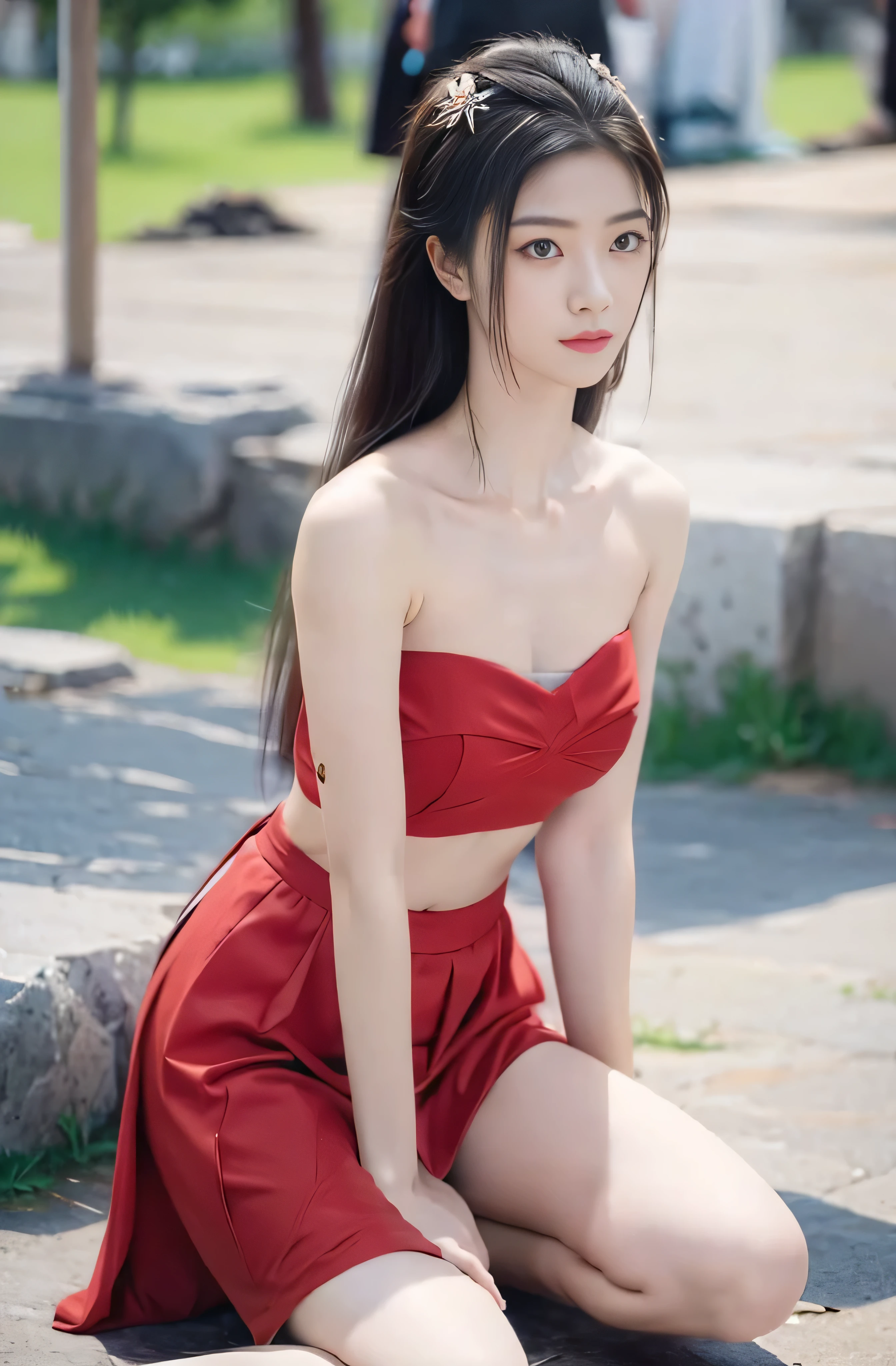 A beautiful girl，Stand confidently，Dark background，Upper Body，Medium Length Hair，Watching the audience，Look straight ahead，Black strapless straps，Short bright red skirt，Smooth chest，Kneeling,Solid color background