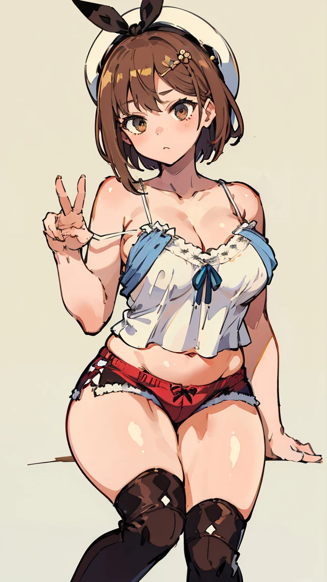 (Highest quality, 8k, masterpiece :1.3),Lizaリン・シュタウト(Lizaのアトリエ),Liza, One woman,Large Breasts,short hair,Brown Hair,hair band,Clothing,hat,White shirt,White camisole,Red shorts,Brown long boots,nsfw,Plump body,Thighs,Full Nelson Pose,Armlock,Piledriver