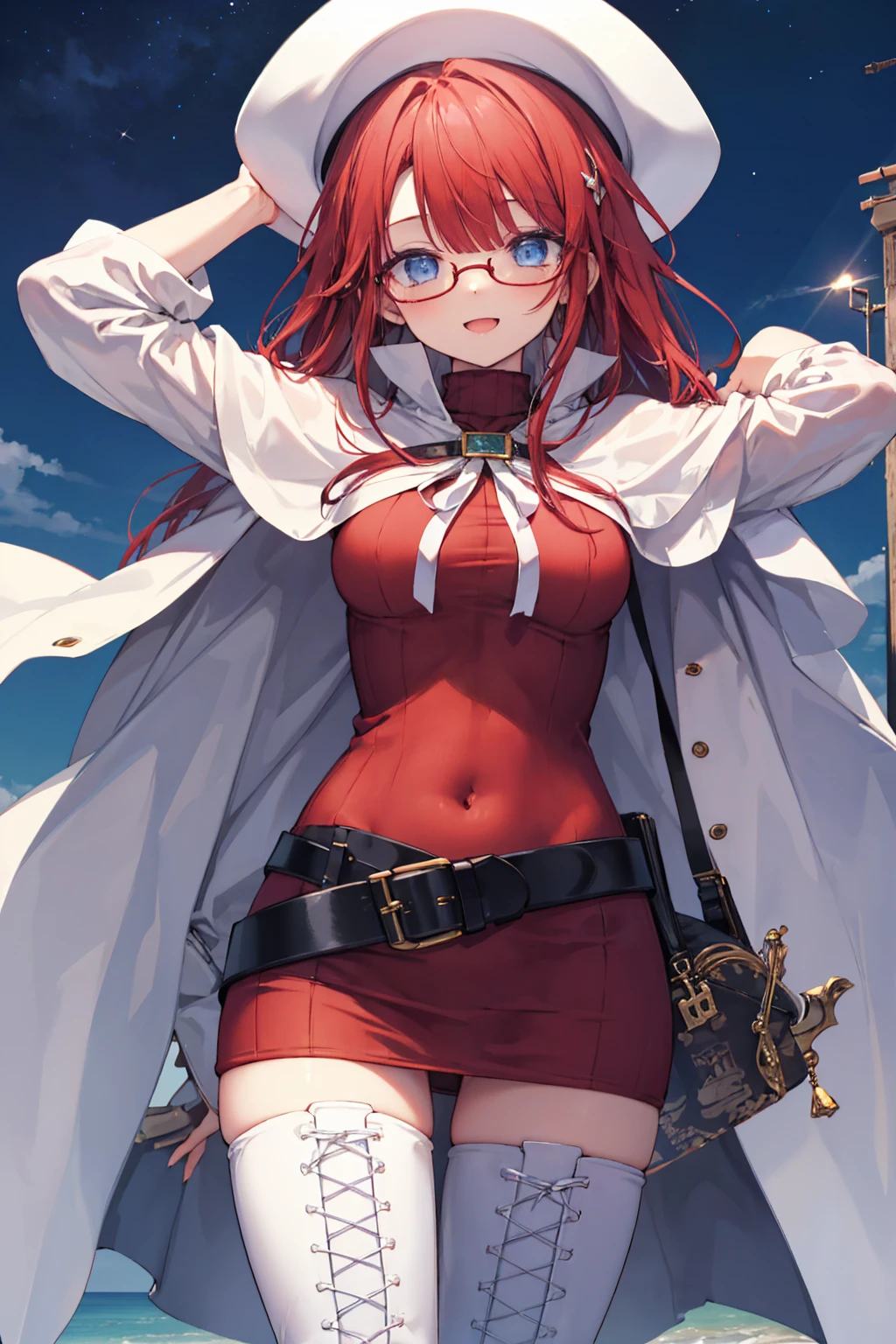 summonnightaty, aty, (young:1.3),long hair, blue eyes, red hair, big_tits, hat, glasses,
BREAK long hair, thighhighs, hat, dress, naked_legs, glasses, belt, cape, sweater, zettai ryouiki, beret, thigh boots, white footwear, ribbed sweater, loose belt,solo,
BREAK outdoors, fantasy,
,Highquality_hads,perfect_fingers,
BREAK (masterpiece:1.2), best quality, high resolution, unity 8k wallpaper, (illustration:0.8), (beautiful detailed eyes:1.6), extremely detailed face, perfect lighting, extremely detailed CG, (perfect hands, perfect anatomy),covered_nipples,covered_navel ,half_eyes,long_sword,sleepy_eyes,red_sweater,apart_knees,magical_effect,spread_legs, have_a_book,teacher,rise_knee,Smile,rise_hand,look_down_viewer,spread_arms,,looking_into,plump,open_mouth, dynamic_posing,solo,in_Emodern_town_landscape,night_sky,solo