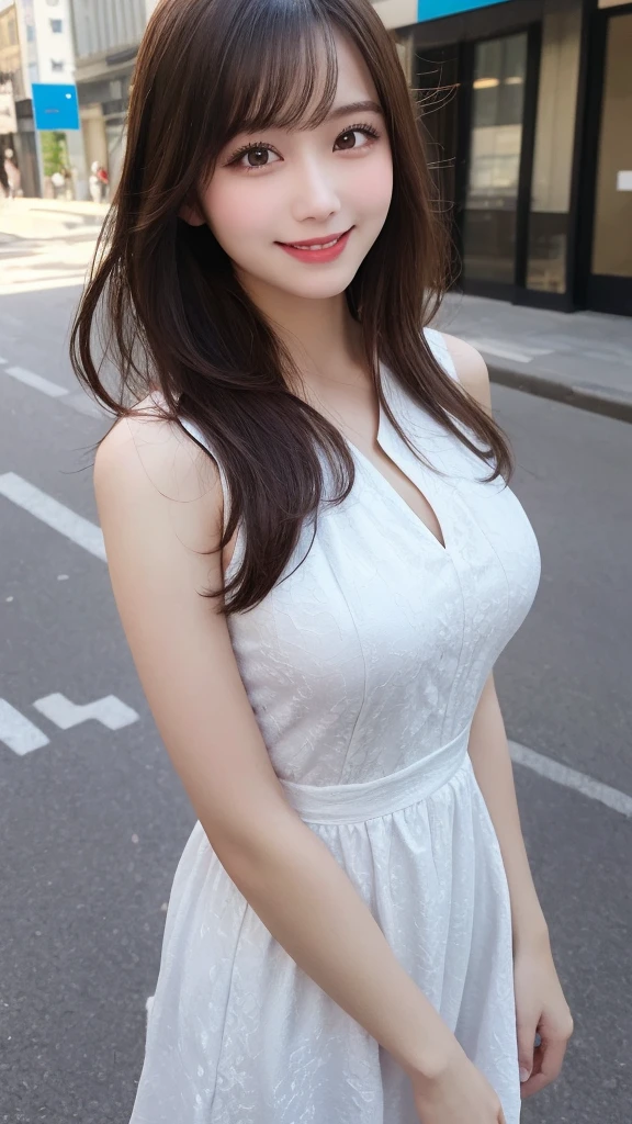 masutepiece, Best Quality, Illustration, Ultra-detailed, finely detail, hight resolution, 8K Wallpaper, Perfect dynamic composition, Beautiful detailed eyes, summer  dress,Medium Hair,  Same as, Natural Color Lip, Random and sexy poses,Smile,Aoyama Street Walk、27 years girl, big breast