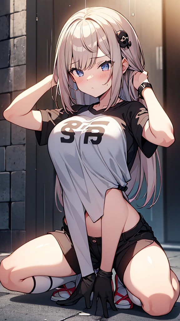 Full body image, front, One girl, 18-year-old, Mix 4, (32K, RAW Photos, Highest quality, masterpiece:1.2), (Anime-like, photoAnime-like:1.37), cute, Short sleeve T-shirt,Shorts,Black knee socks, night, rain, Humidity, Professional Lighting, Photon Mapping, Radio City, Physically Based Rendering, Super Resolution, (Big Breasts:1.2), {{The biological weapon that had preyed on the younger sister took her place and reunited with the older brother, The rebellious little sister has become the obedient little sister}}, Girl Skull, whole body, NSFW