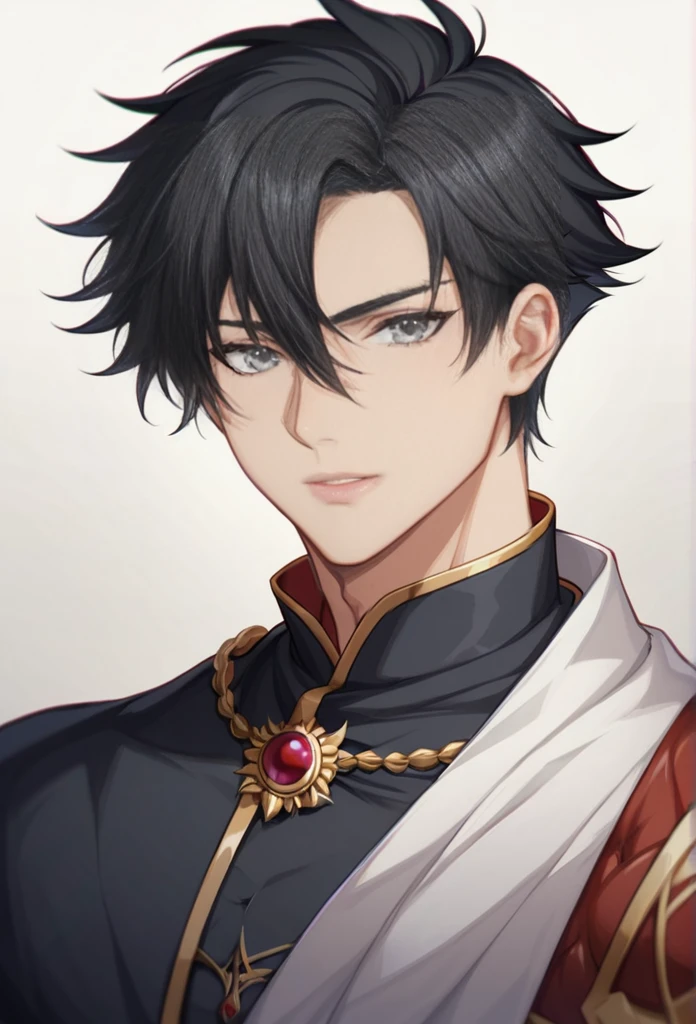 A 20 year old dark prince, with grey eyes and white short hair. The hair has one strand of black hair. He is very beautiful wears the color black