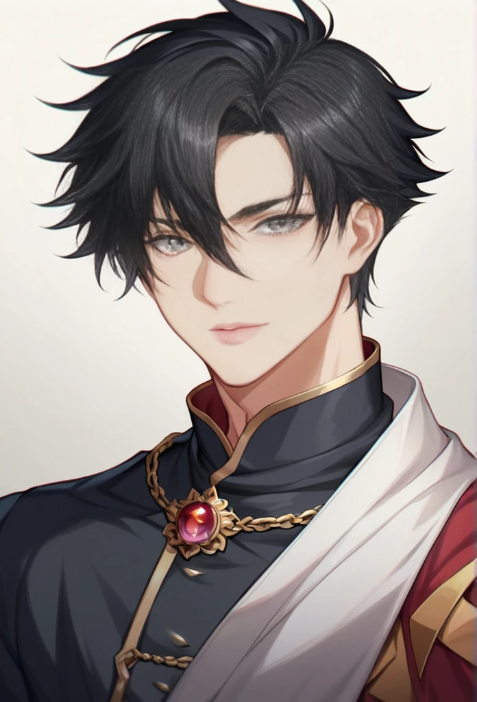 A 20 year old dark prince, with grey eyes and white short hair. The hair has one strand of black hair. He is very beautiful wears the color black