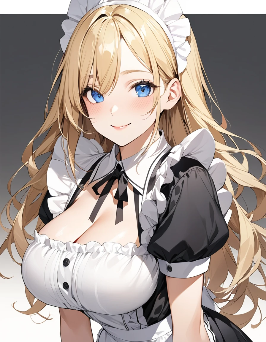 Beautiful girl in maid、(Top quality illustrations:1.2), (pretty girl:1.1), (1 girl、17 years old、Top quality illustrations:1.2), (1 girl、Kind eyes、blue eyes:1.2)、Blonde、Semi-long hair、Mature、Large Breasts、smile、(Black and white maid costume) 、sexy、White background、Simple Background
