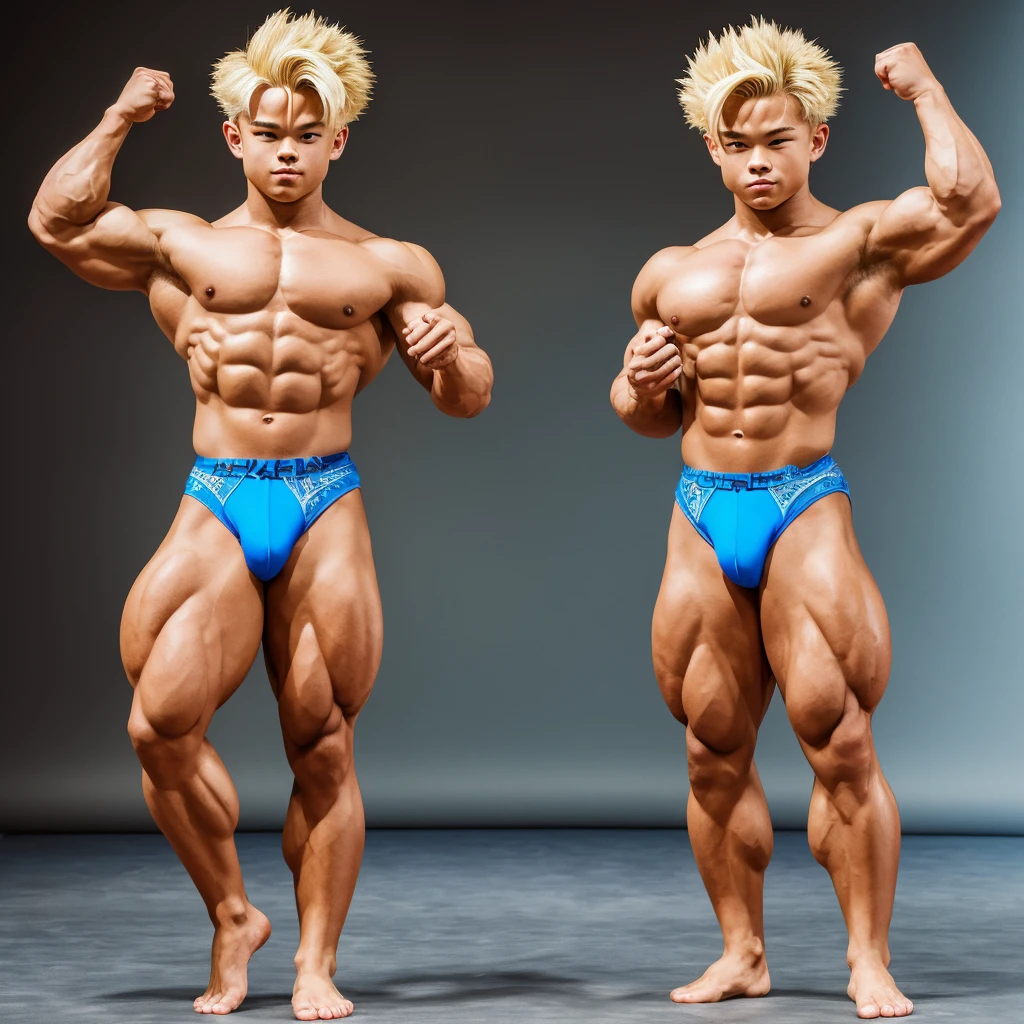 (masterpiece, best quality), Intricate detailing, 8K, artstation, side chest, son Gohan, Bodybuilder, 14 yonde hair, posing bis muscles in underwear, barefoot, muscular legs, big Bizeps, Buff muscle Body,ripped muscle, bodybuilding contest, Mr universe, full body image, barefoot kick