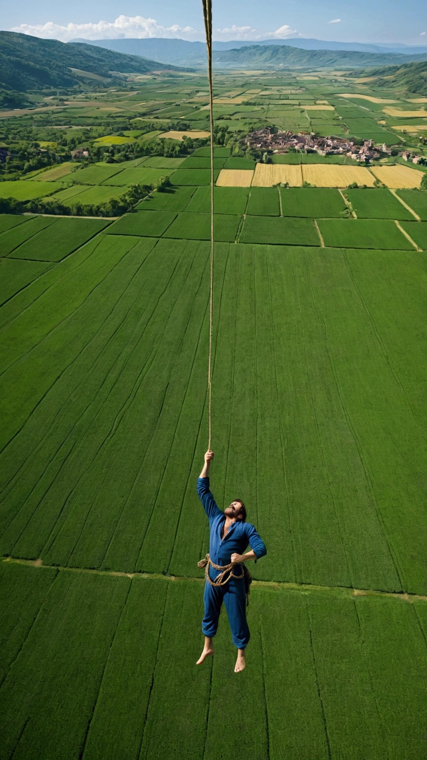 A captivating cinematic-style photograph of
a man is hanging from a balloon. The scene captures the tense moment before he lets go. The balloon is colorful and large, floating precariously with the man clinging to a rope. He is hanging outside the basket, with a look of fear and apprehension on his face.
His eyes are wide, fixed on the distant ground below him, and his mouth is half-open, showing his nervousness. His hands are tightly gripped on the rope, his knuckles white from the strength with which he grips.
The surrounding scenery is vast, with a clear blue sky and a few scattered clouds. Below, an aerial view of the landscape can be seen, with green fields, distant mountains, and perhaps a small town or village in the distance. The height is impressive, creating a dizzying sensation of how far he is from the ground., photographic, cinematic, intricate details, realistic image, dynamic lighting, hyper-detailed, ultra-realistic, realistic textures