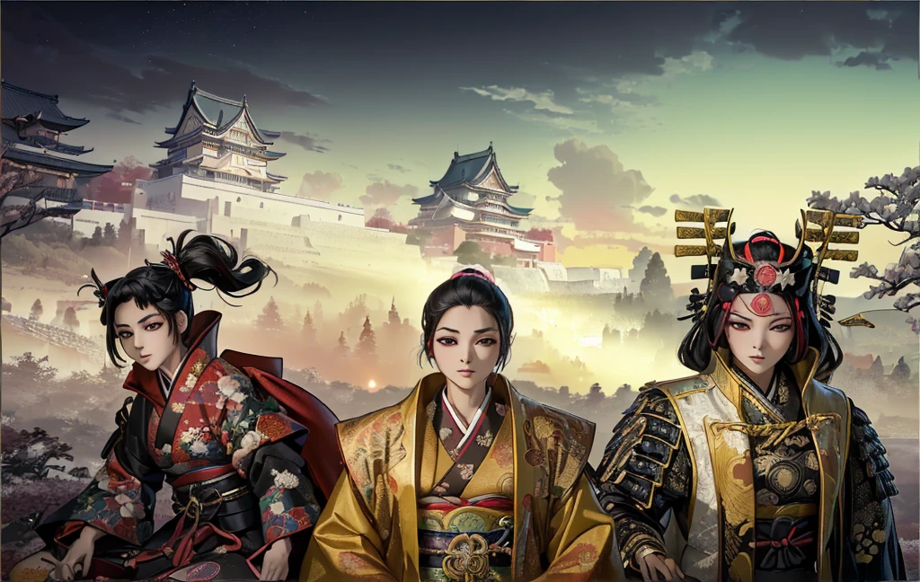 Female, (girls:1.5), (exceptional, best aesthetic, new, newest, best quality, anime, waifu:1.2), best quality, ultra detailed, absurdres, highres, colored, good anatomy, black hair, pretty face, Japanese Samurai armor, swords, Kimono clothes, capes, Japanese castle, tree
