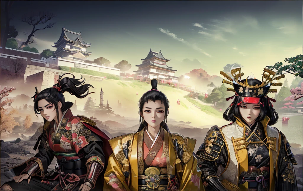 Female, (girls:1.5), (exceptional, best aesthetic, new, newest, best quality, anime, waifu:1.2), best quality, ultra detailed, absurdres, highres, colored, good anatomy, black hair, pretty face, Japanese Samurai armor, swords, Kimono clothes, capes, Japanese castle, tree
