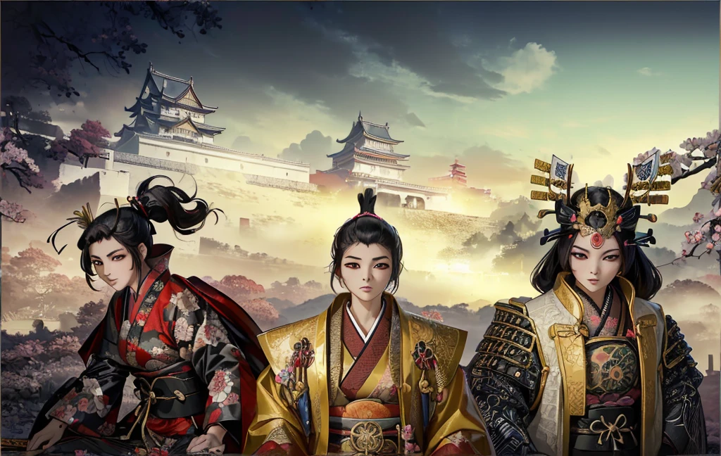 Female, (girls:1.5), (exceptional, best aesthetic, new, newest, best quality, anime, waifu:1.2), best quality, ultra detailed, absurdres, highres, colored, good anatomy, black hair, pretty face, Japanese Samurai armor, swords, Kimono clothes, capes, Japanese castle, tree