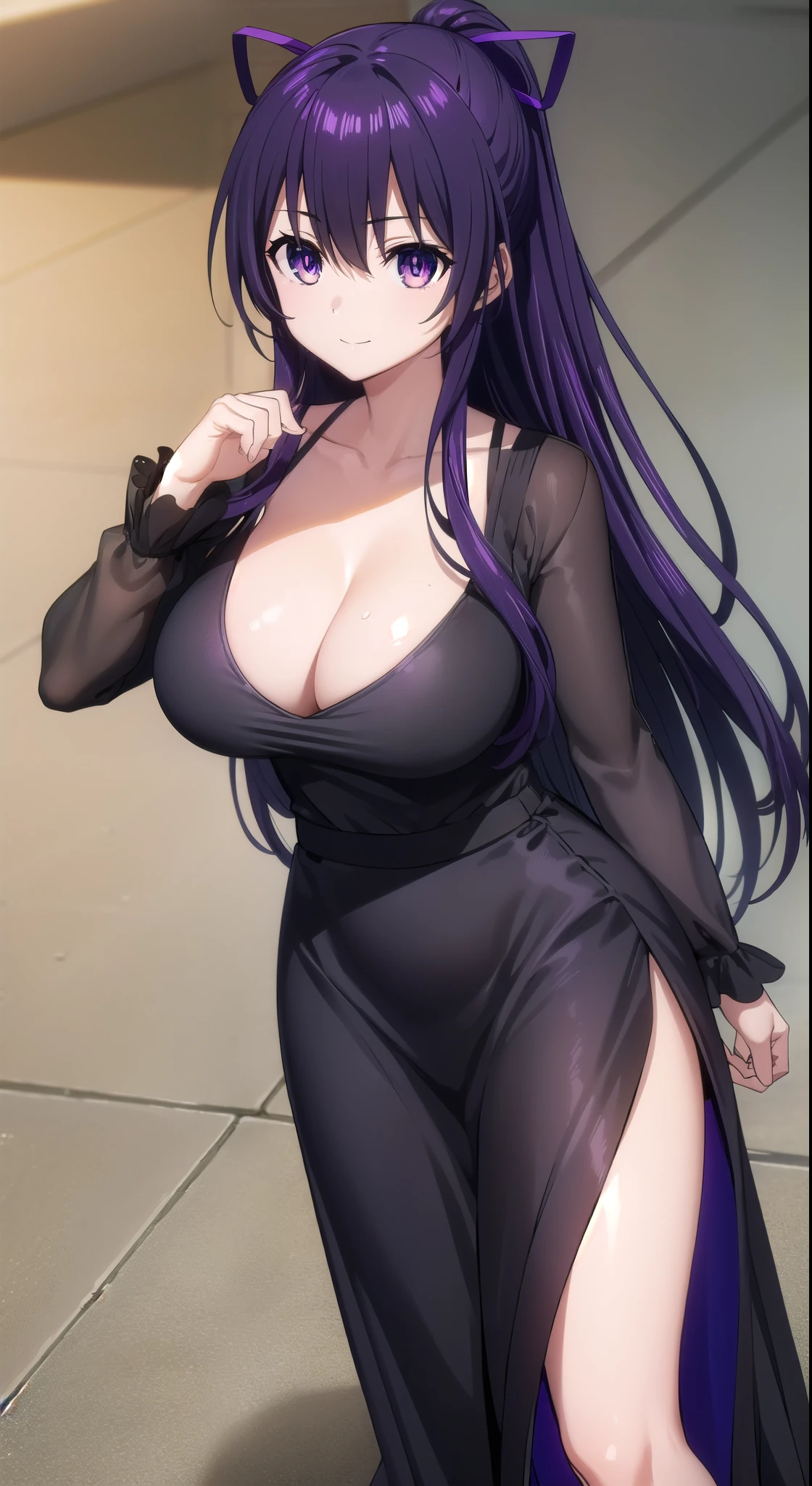 tohkayatogami, tohka yatogami casual, long hair, purple hair, alluringly smile , black mesh dress, maxi dress, sheer black ,long sleeve, black colour (purple eyes:1.1), hair ribbon, ponytail, purple hair, white ribbon, E cup breasts, bewitched thighs, slender waist, plump butt , high heels 
BREAK ,
BREAK daylight ,alone, 
BREAK looking at viewer, standing, beauty poses 
BREAK (masterpiece:1.2), best quality, high resolution, unity 8k wallpaper, (illustration:0.8), (beautiful detailed eyes:1.6), extremely detailed face, perfect lighting, extremely detailed CG, (perfect hands, perfect anatomy),