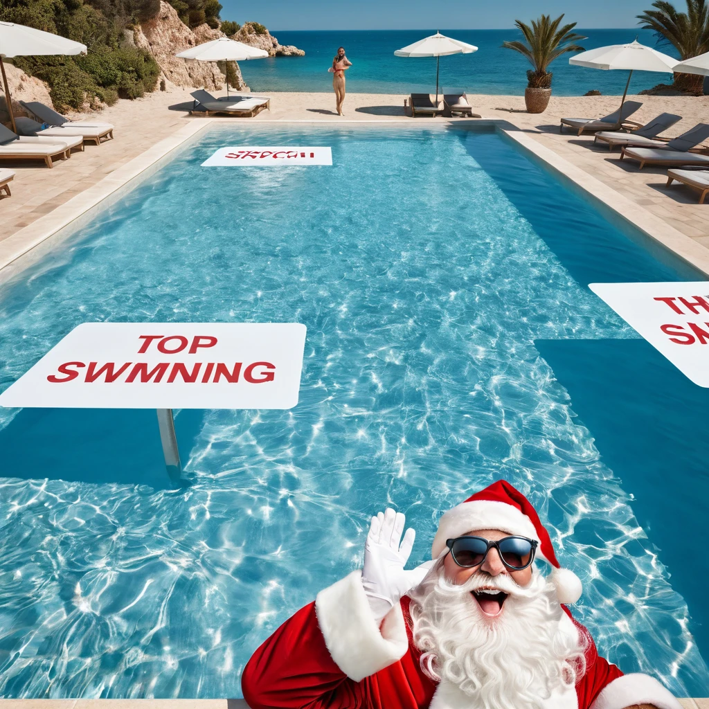 Captures a close-up image from different angles of a swimming pool in which there are white rectangular signs in the water without any text, all posters are the same, In the center of the pool, a fat, smiling Santa Claus bathing in sunglasses floats in the water., very happy and holding a giant blank sign without text in his hands above his head . All the action takes place under a bright sun on a Mediterranean beach with impressive lighting for a perfect shot. Professional photography, 8k, RAW photo, The best quality, masterpiece, photorealistic, Highly detailed, cinematic lighting, sharp focus, réflex digital, high resolution, photorealistic,
