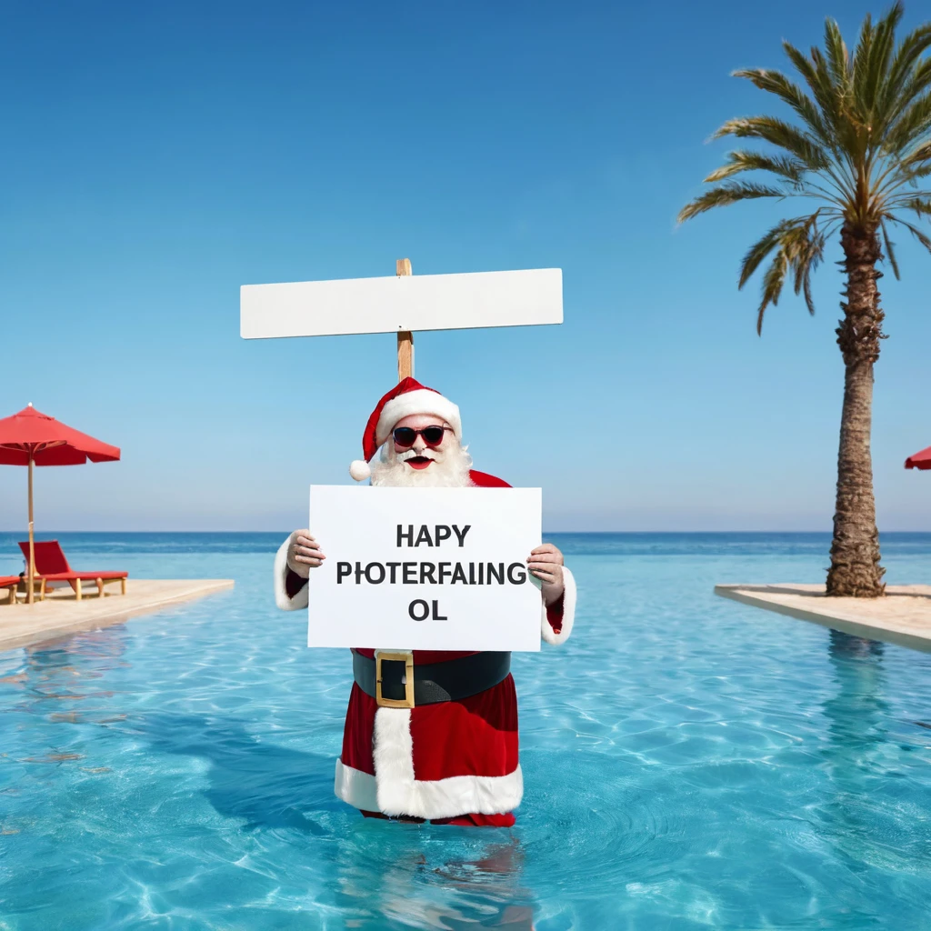 Captures a close-up image from different angles of a swimming pool in which there are white rectangular signs in the water without any text, all posters are the same, In the center of the pool, a fat, smiling Santa Claus bathing in sunglasses floats in the water., very happy and holding a giant blank sign without text in his hands above his head . All the action takes place under a bright sun on a Mediterranean beach with impressive lighting for a perfect shot. Professional photography, 8k, RAW photo, The best quality, masterpiece, photorealistic, Highly detailed, cinematic lighting, sharp focus, réflex digital, high resolution, photorealistic,