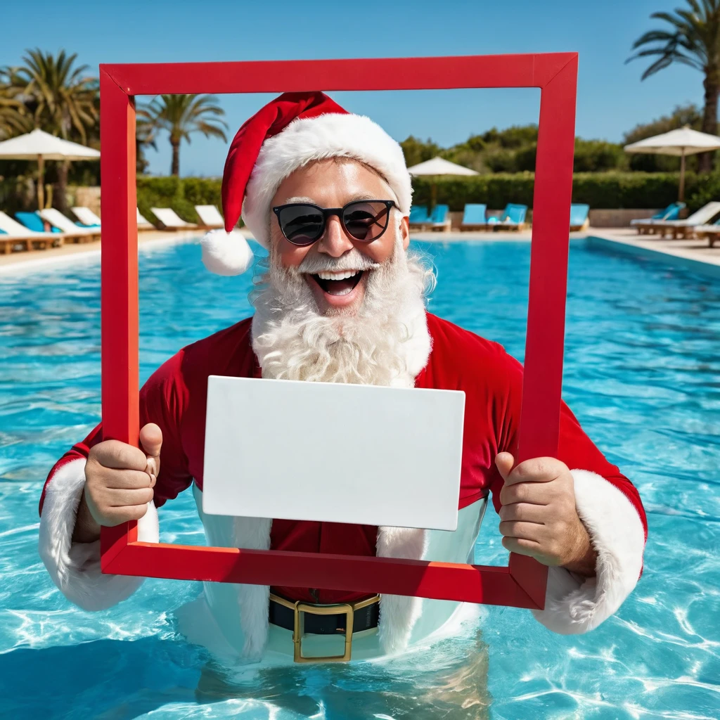 Captures a close-up image from different angles of a swimming pool in which there are white rectangular signs in the water without any text, all posters are the same, In the center of the pool, a fat, smiling Santa Claus bathing in sunglasses floats in the water., very happy and holding a giant blank sign without text in his hands above his head . All the action takes place under a bright sun on a Mediterranean beach with impressive lighting for a perfect shot. Professional photography, 8k, RAW photo, The best quality, masterpiece, photorealistic, Highly detailed, cinematic lighting, sharp focus, réflex digital, high resolution, photorealistic,