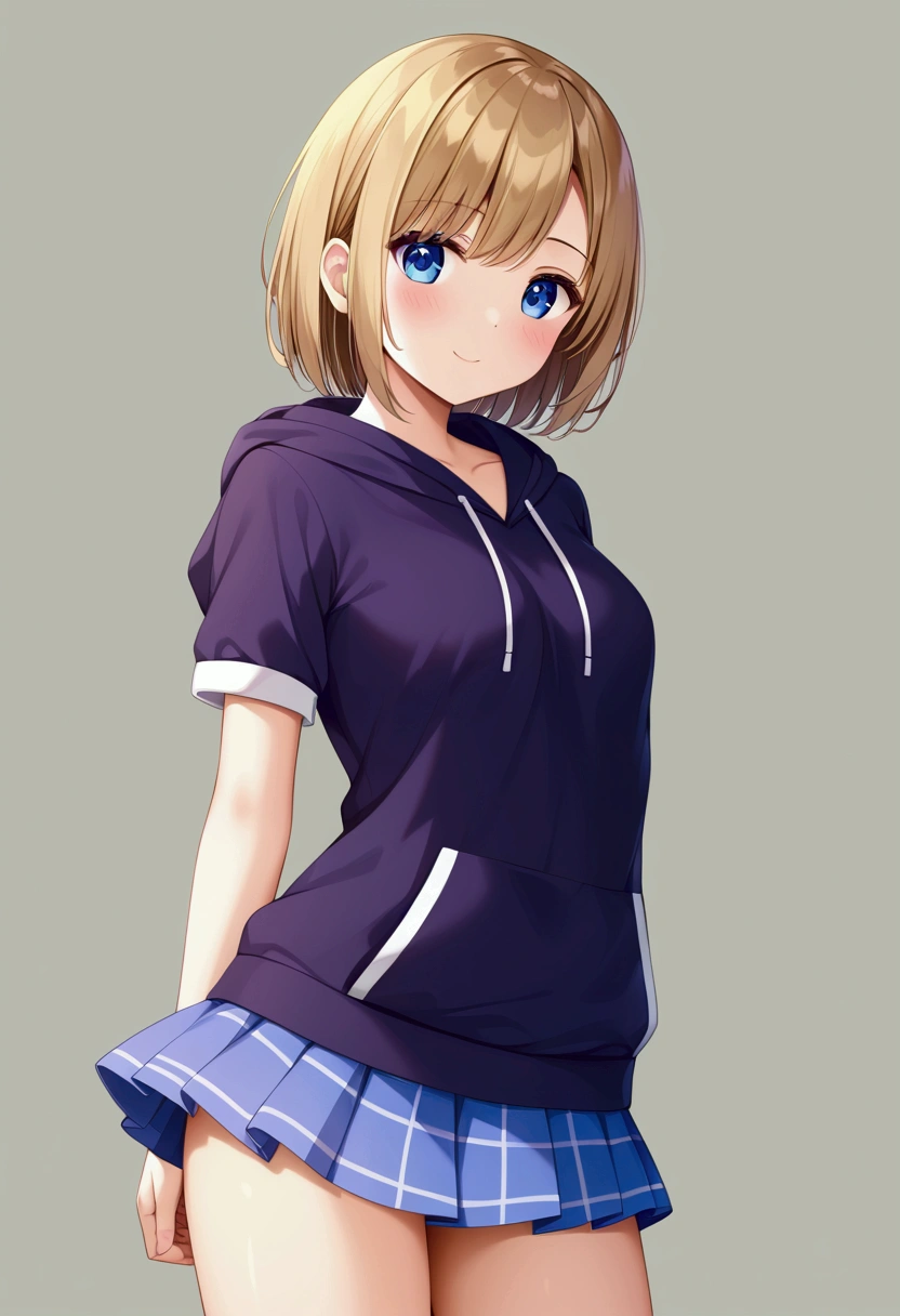 ((Highest quality)), ((masterpiece)), (detailed), , A short-haired girl wearing a short-sleeved hoodie、A summery half skirt、Summertime、whole body、Fullsize、Side Angle、cute、